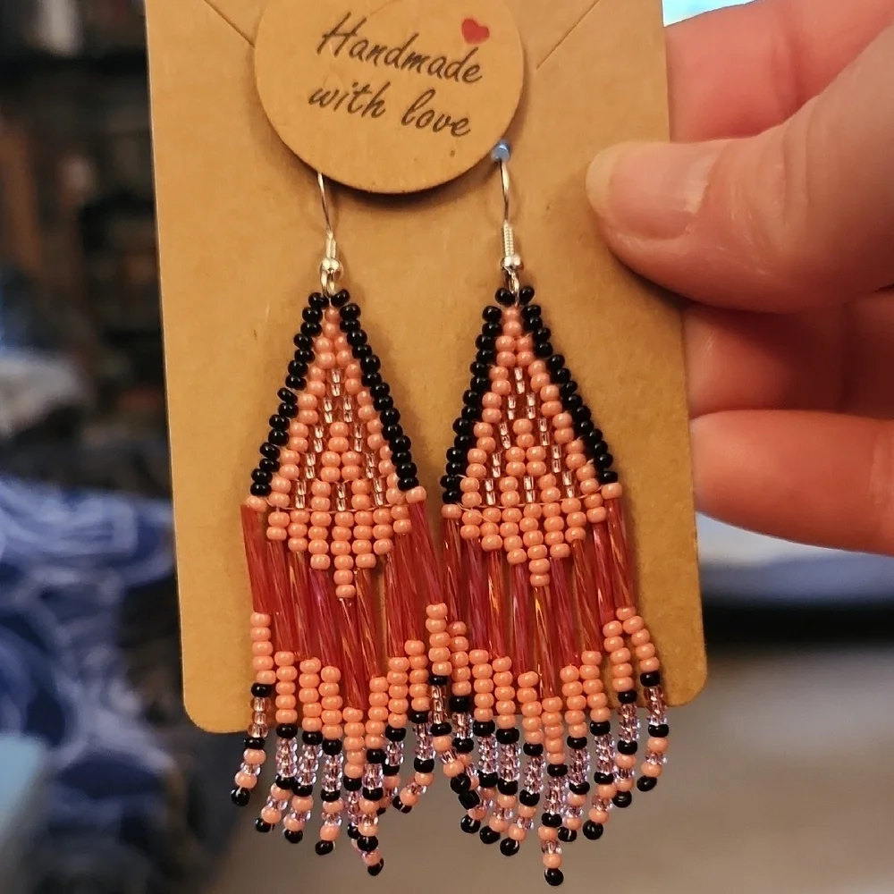 Hand Crafted Black and Pink Beaded Earrings